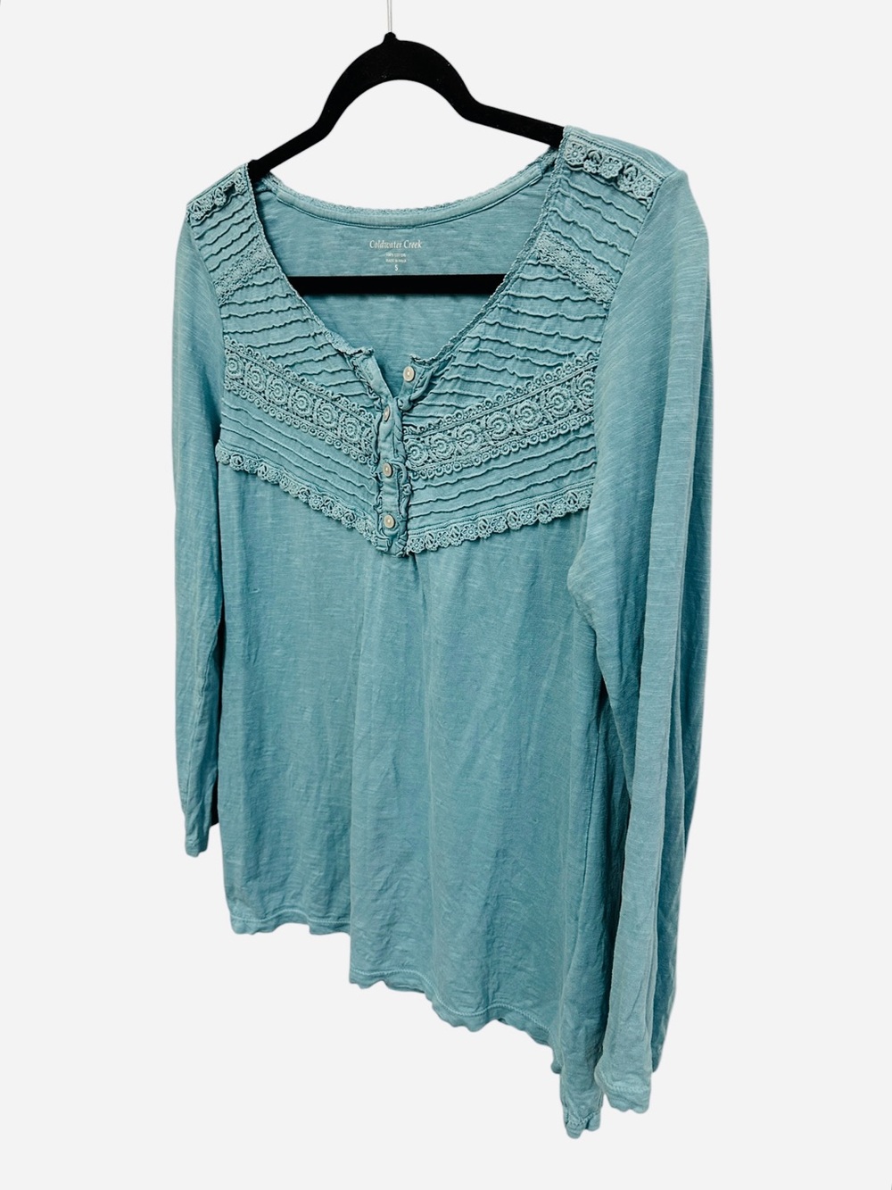 Coldwater Creek ruffle floral lace 100% cotton Henley top in teal Size S - Picture 2 of 9